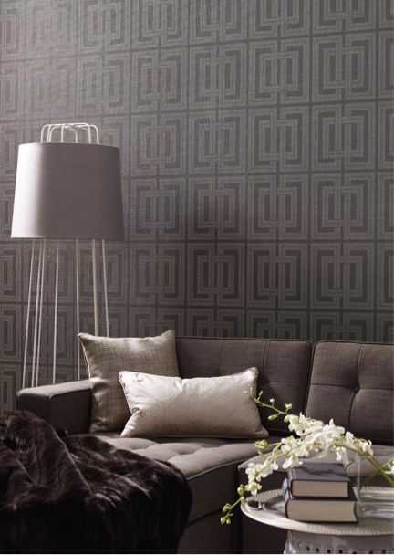Candace Olsen Quad Wallpaper in Grey/Charcoal. Textured grasscloth wallpaper. Wallpaper for baby boomer homes. Wallpaper for beautiful walls. Aging in place. 